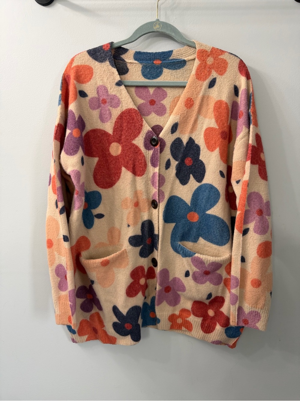 Beige Wool & Cotton Blend Floral V-Neck Cardigan Sweater Multicolor Extra Large